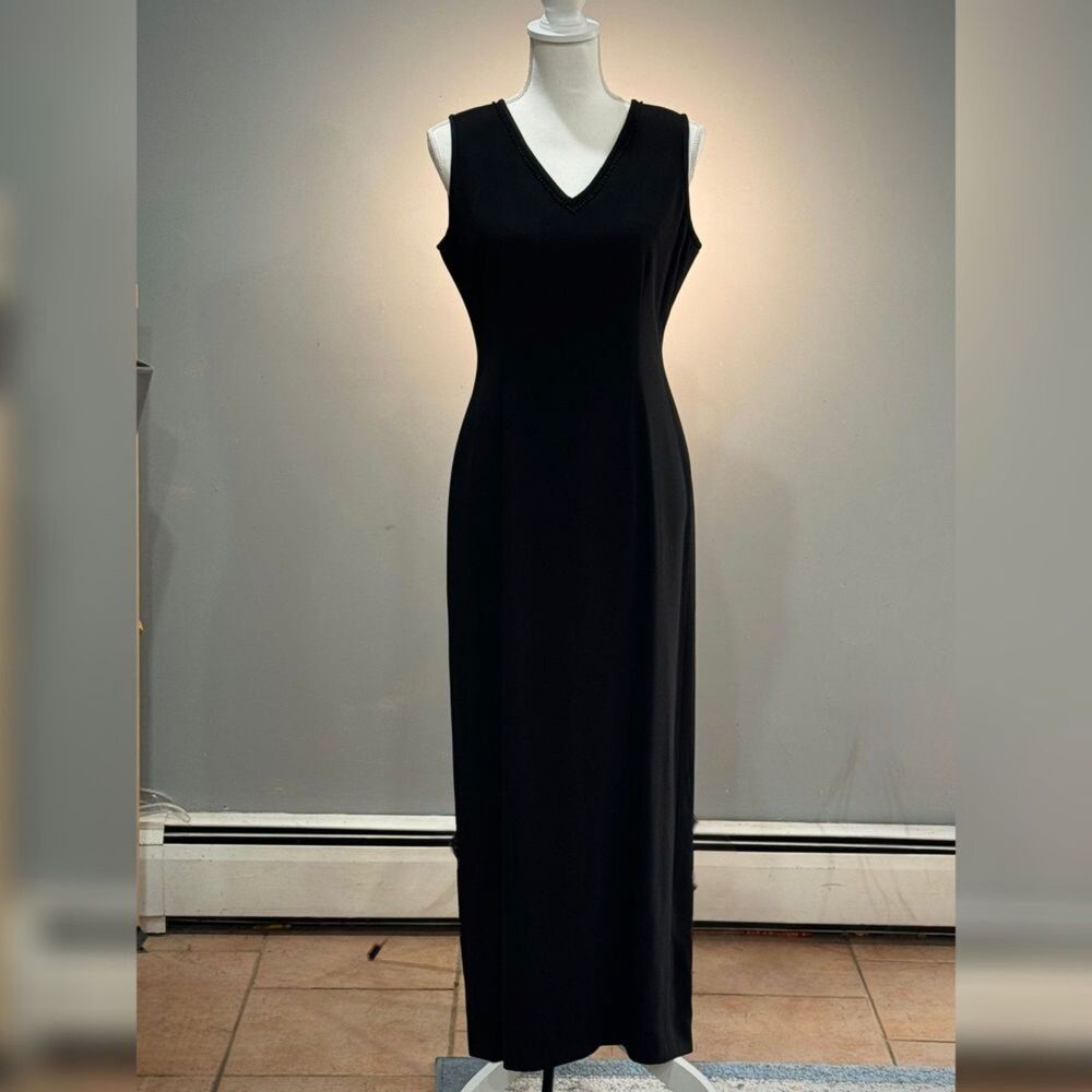 Black Liz Claiborne Beaded V-Neck Maxi LBD Dress Y2K Size 8P EUC